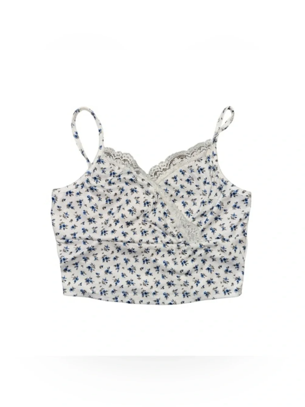 SHEIN White Crop Top Cami Tee with Blue Floral Print Cottage-core Summer Casual